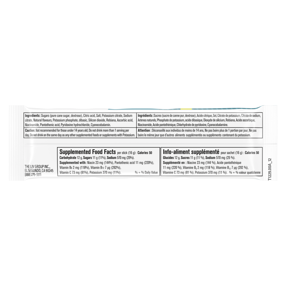 Liquid I.V. Hydration Multiplier Lemon Lime front individual small back shot with detail nutrition info